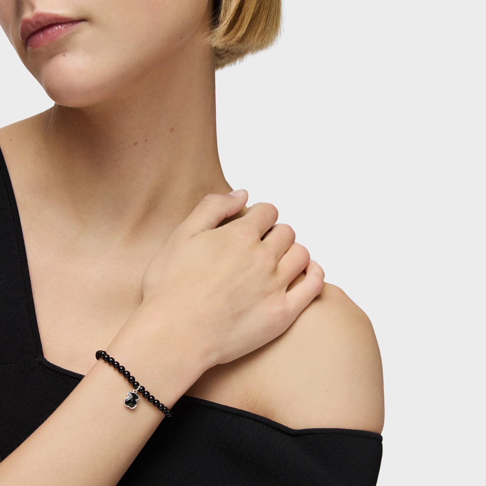 TOUS Bracciale elastico con gemme onice da donna con motivo a orso in argento sterling 925 classico e puro, collezione Icon Color, Pietra Pelle Argento Pietra Pelle