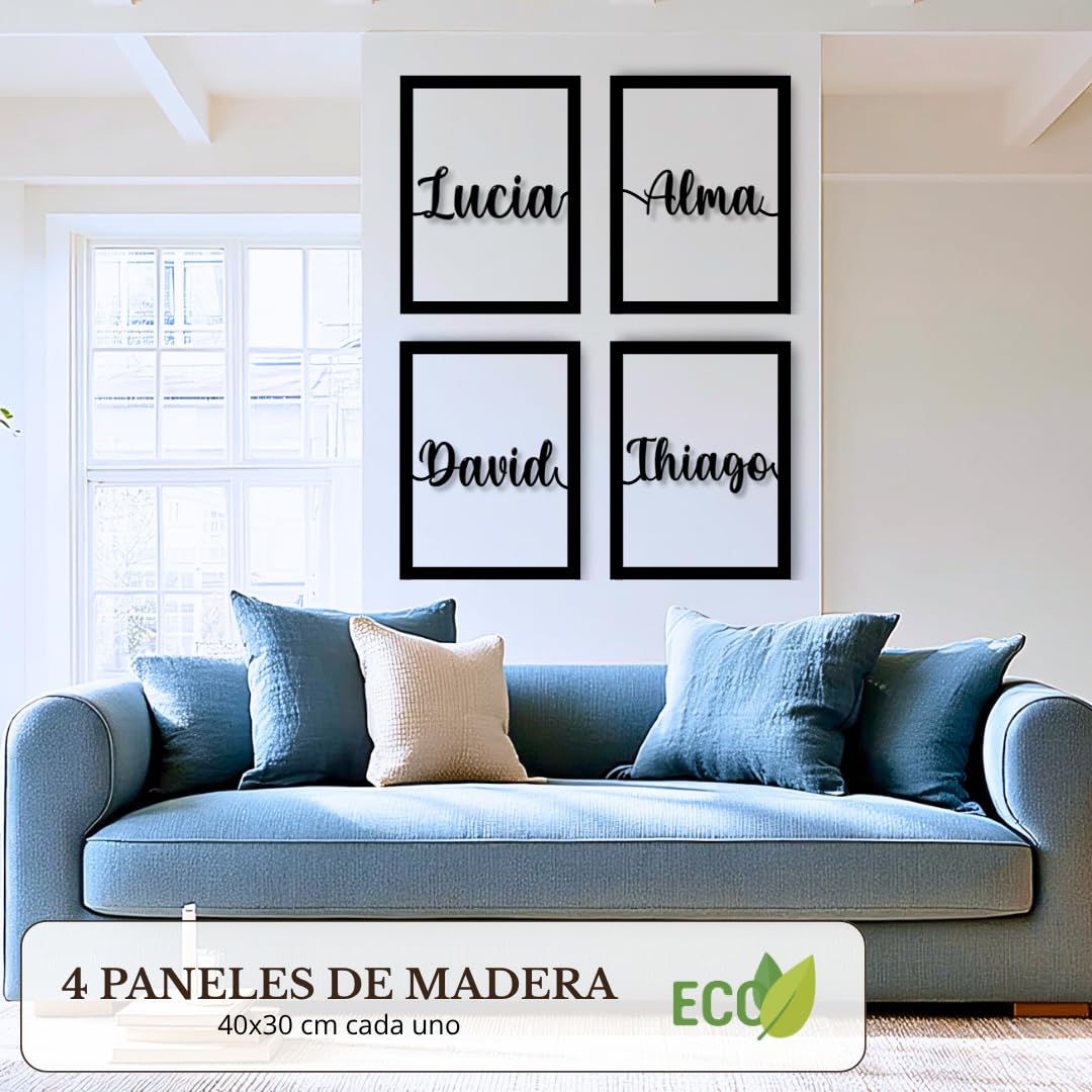 Cuadros Decorativos Personalizados con Nombres | 4 Paneles de Madera 40x30 cm | Decoración para Pared de Dormitorio, Salón o Habitación | Regalo de Pareja para Bodas y Aniversarios (4 o más Nombres)