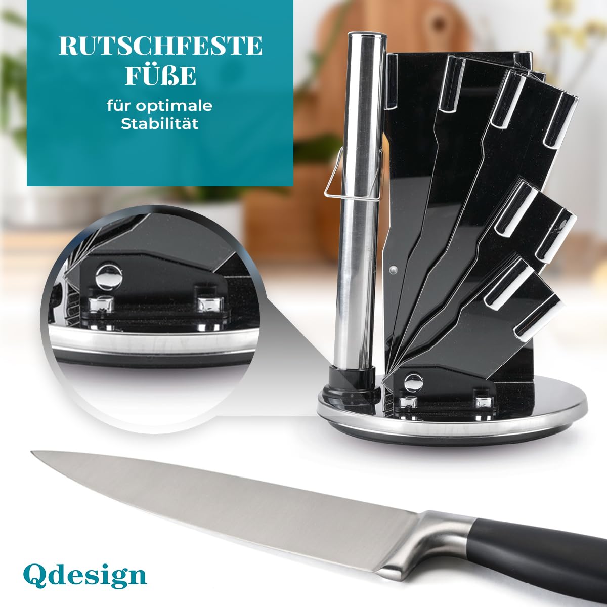 QDESIGN 360° drehbarer Messerhalter aus Acryl + 7 Küchenhelfer-Set – Klingen aus 3CR14-Edelstahl + Soft-Touch-Griffe – 5 Messer + Schere + Basisblock + Wetzstahl – Schwarz/Silber
