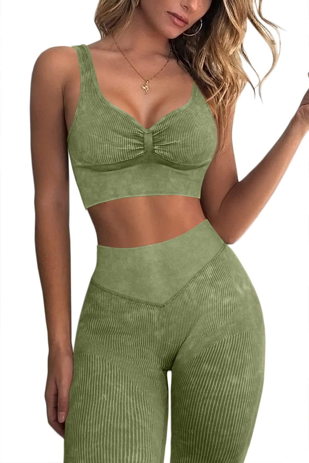 Conjunto de entrenamiento de 2 piezas para mujer, acanalado, sin costuras, cintura alta, leggings a juego, gimnasio, yoga