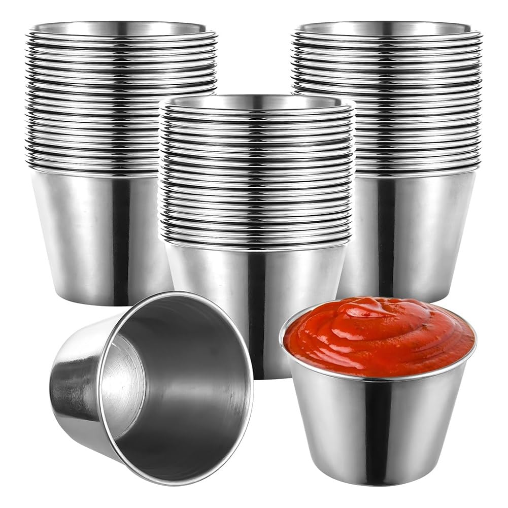CTRLZS 60 Pcs Stainless Steel Sauce Cups, 2.2oz Stainless Steel Dipping Sauce Cups,Reusable Round Dipping Bowls for Restaurant