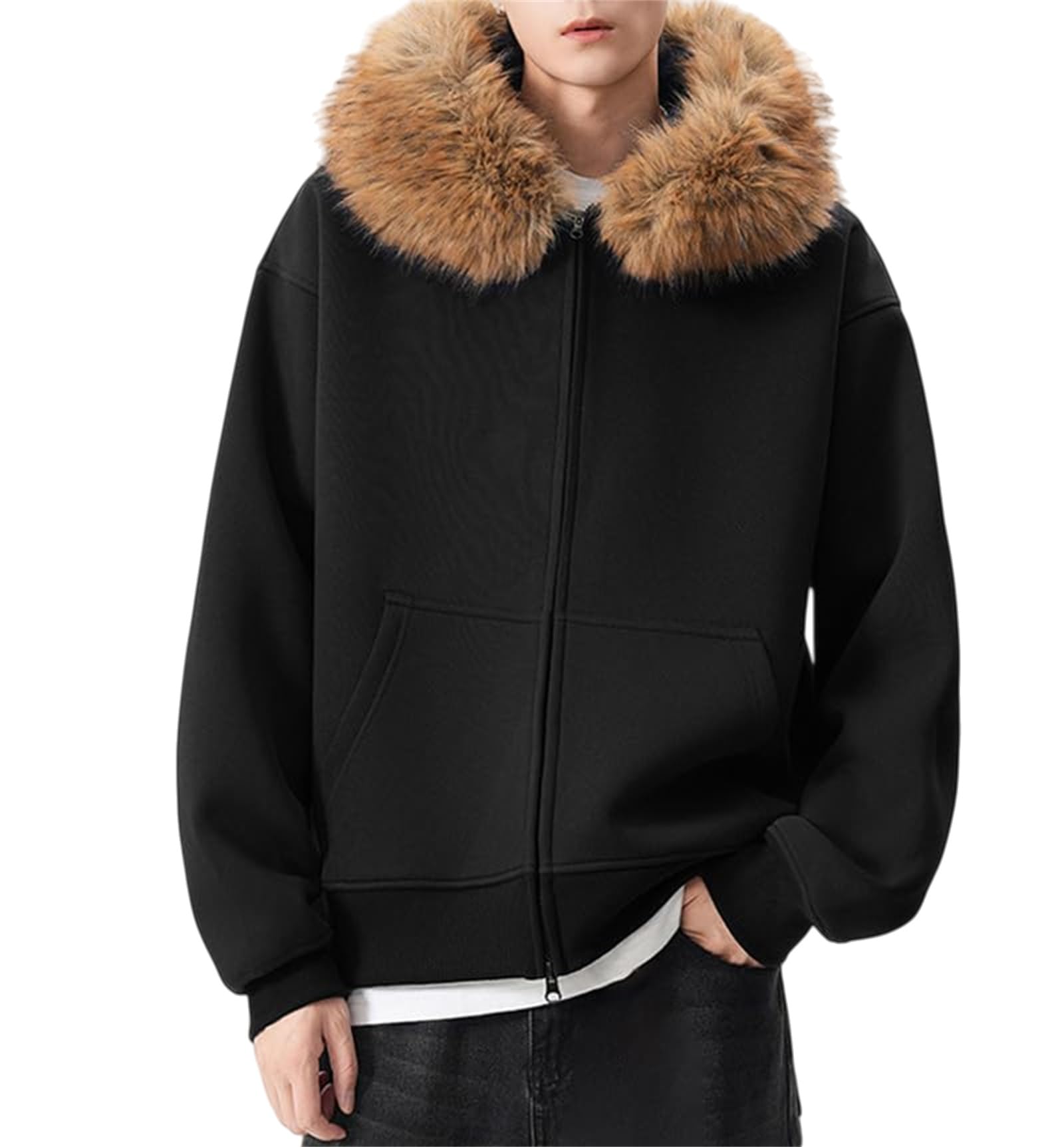 Generisch Męska kurtka z kapturem z zamkiem błyskawicznym na całej długości i futrzanym kołnierzem, ciepły płaszcz zimowy z miękkiego polaru, streetwear unisex