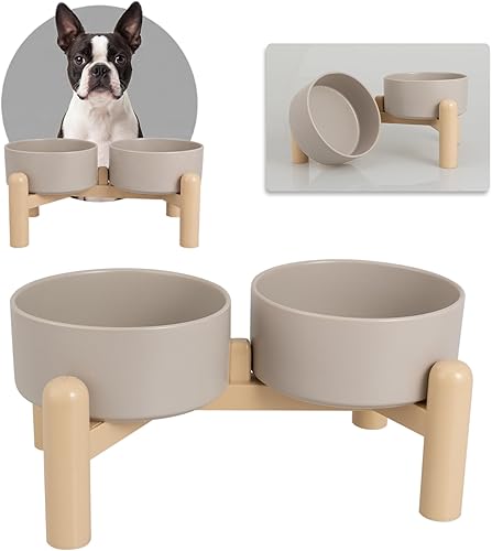 Miniatura 9 de Juego de cuencos elevados de cerámica para perros, juego de cuencos elevados para alimentos y agua, cuencos dobles para perros con soporte Negro