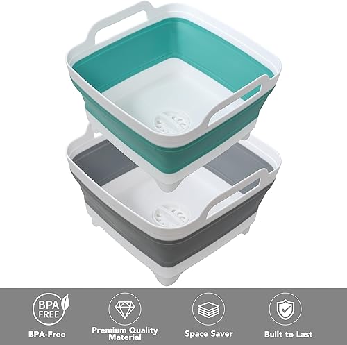 Miniatura 4 de Paquete de 2 sartenes para lavar platos, lavabo de 2.4 galones9 litros con asas de transporte de tapón de drenaje, cubo plegable para limpieza,