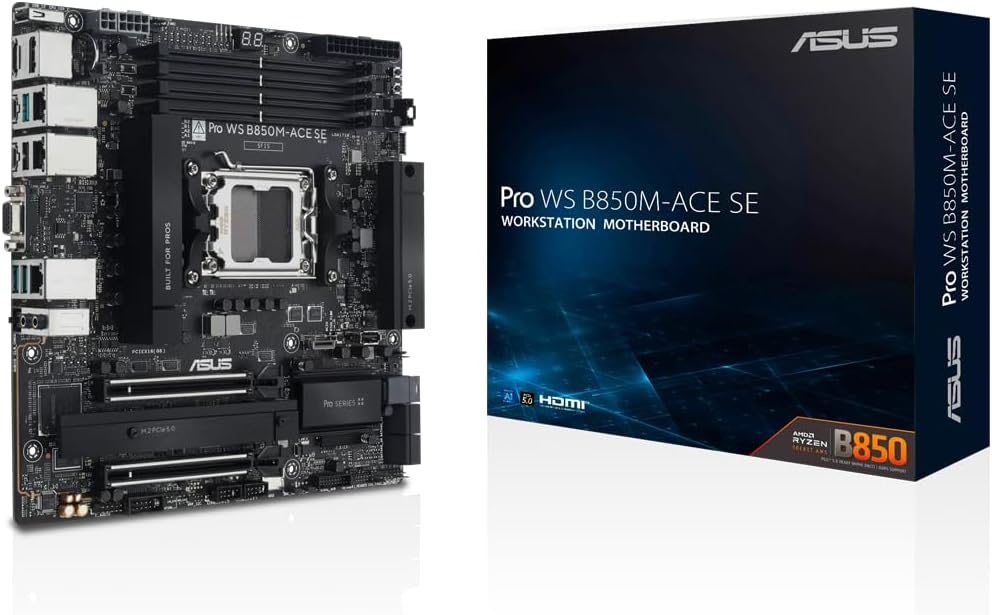 ASUS PRO WS B850M-ACE SE AMD AM5 mATX Anakart | AMD B850 AM5 DDR5 8200 DP HDMI VGA USB4 Çift M.2 USB3.2 10Gbit+2.5Gbit+1Gbit LAN mATX AMD Epyc 4005 Serisi İşlemci Desteği