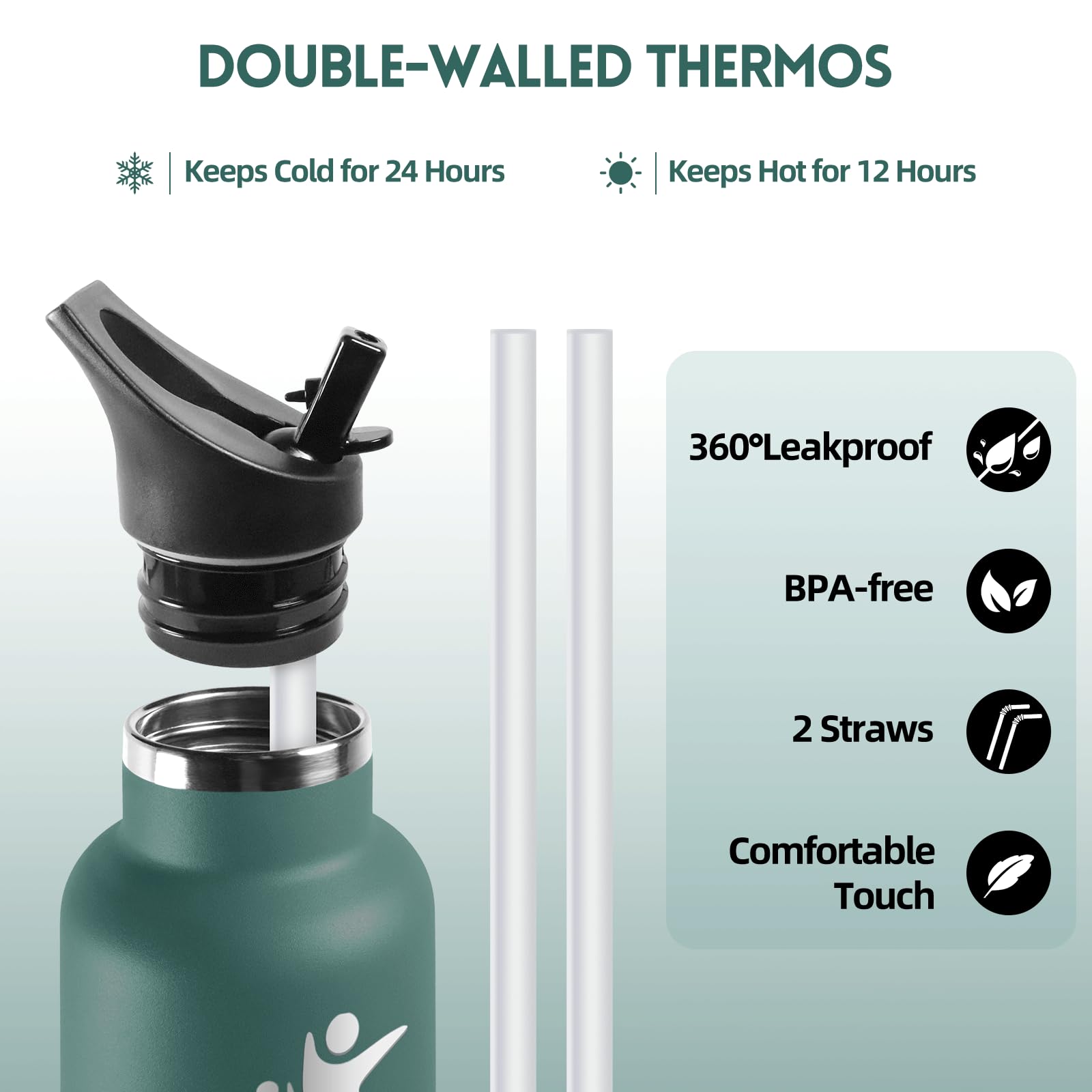 Motswedi Borraccia Termica 1 litro, Acciaio Inox, Borraccia con Cannuccia, a prova di perdite, Bottiglia Termica, Doppia Parete, Borracce Termiche, Borracce per Palestra, Outdoor, Verde militare