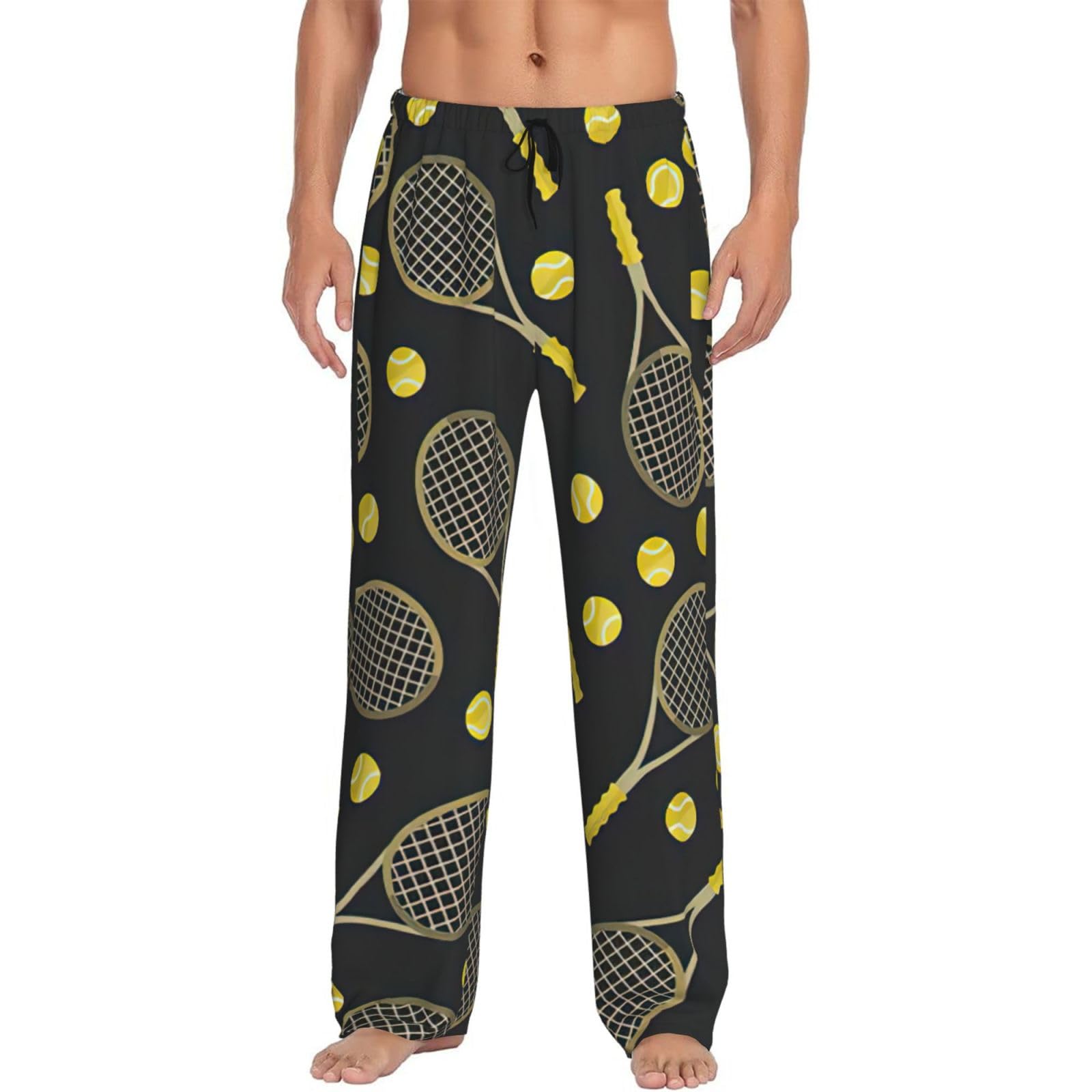 Lmnvbz Men's Black Funny Tennis Racquets And Tennis Balls Print Soft Bottoms Pyjama Pants Lounge Pajama, Lightweight Comfort Sleep Trousers Loungewear Nightwear Pjs With Pockets