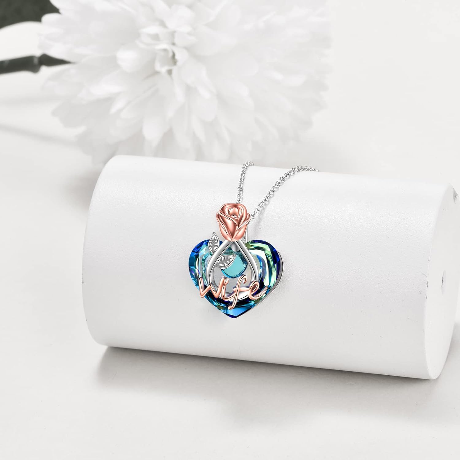 POPKIMI Rose Flower Love Heart Necklaces Gifts for Mom Grandma Nana Wife Aunt Daughter Birthday Jewelry 925 Sterling Silver Crystal Jewelry