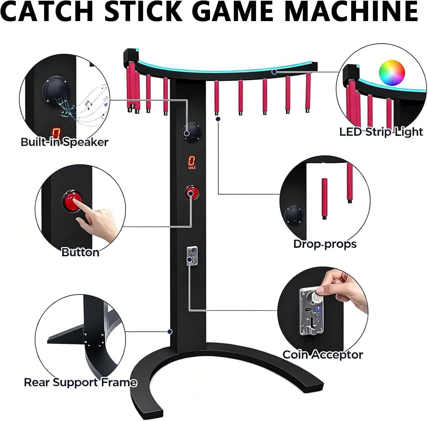 Macchina Arcade Commerciale Bastoncini Reazione | Doppia Modalità Gettoni/Libero,Audio LED,Corpo Metallico,Ideale Giostre Locali E Team Building