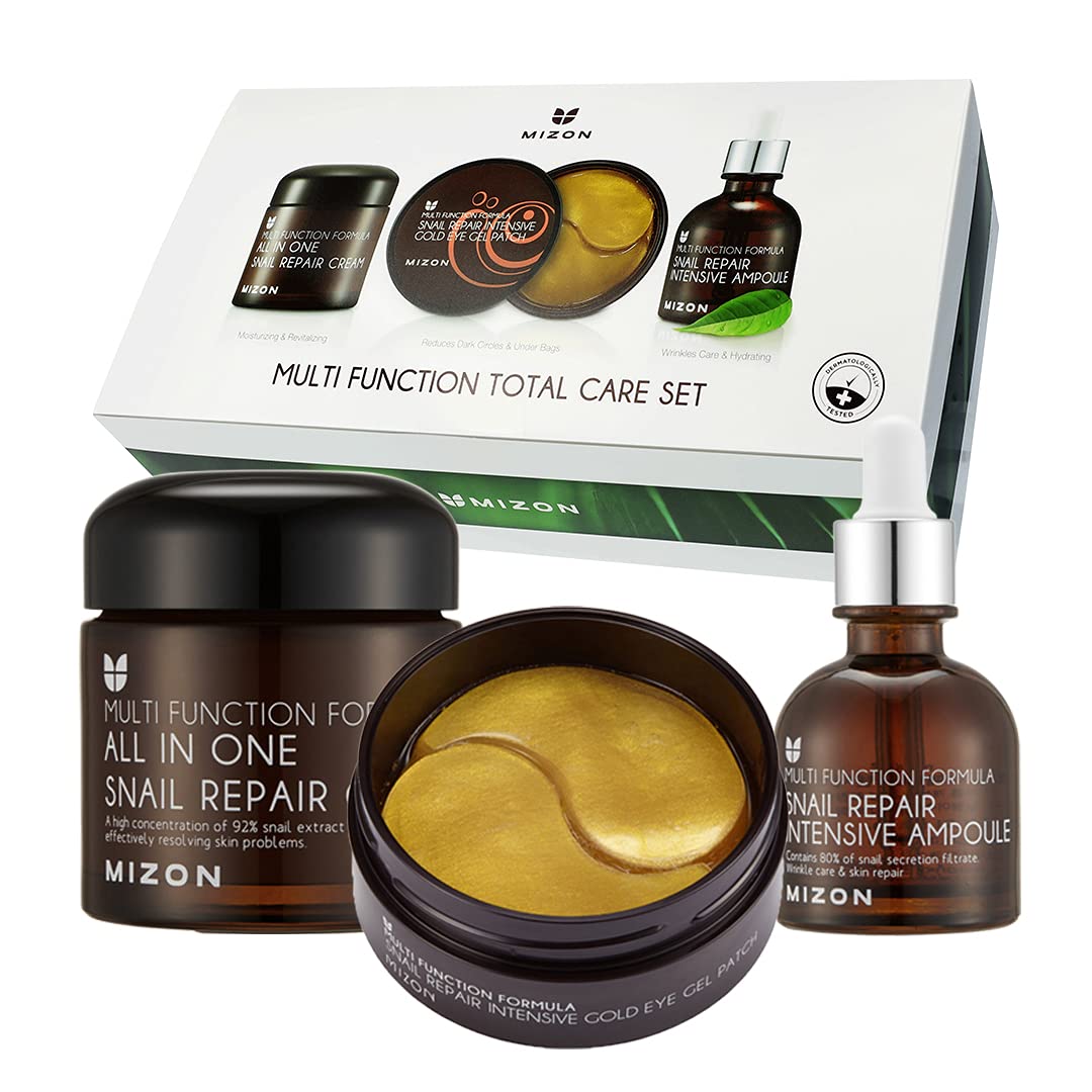 MIZON Multifunction Total Care Set - Snail skincare routine, 24K Gold Snail Eye Patches (30 pairs), All in One Snail Repair Cream (2.53Fl Oz), Snail Repair Intensive Ampoule (1.01Fl Oz)
