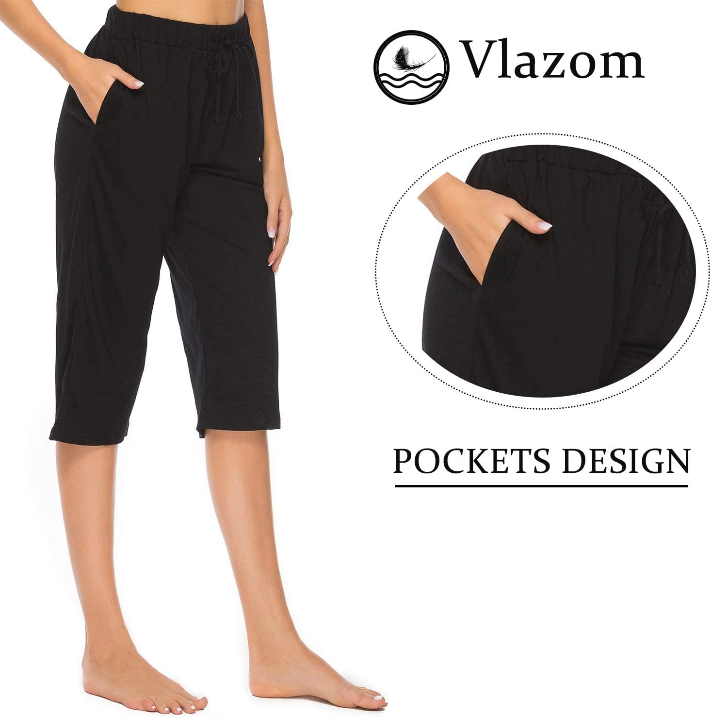 Vlazom Cotton Women's Pajama Bottoms Capri Lounge Pants Casual Cropped Pjs Trouser with Pockets & Drawstring - Image 2