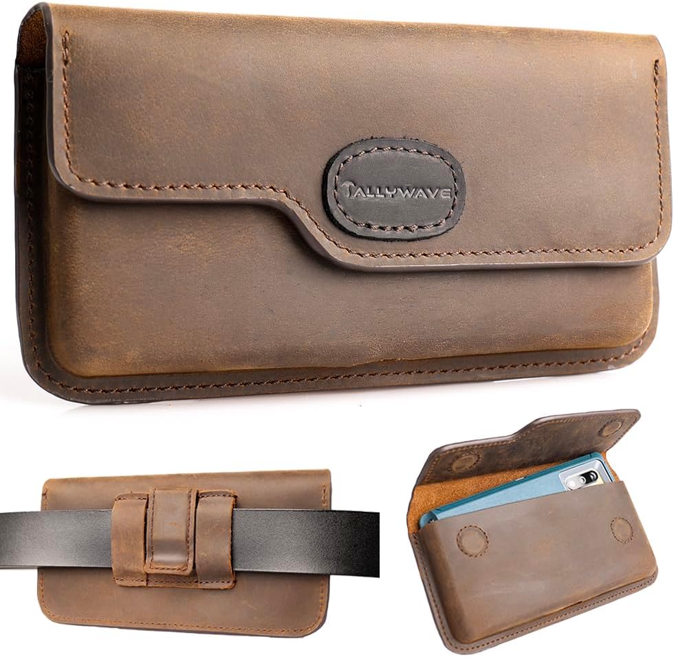 Leather Phone Holster for iPhone 14, 14 Pro,Cell Phone Pouch with Belt Clip for Galaxy S23 S22, Pouch Belt Holder for Smarthone with Protective Case,Large,Darkbrown