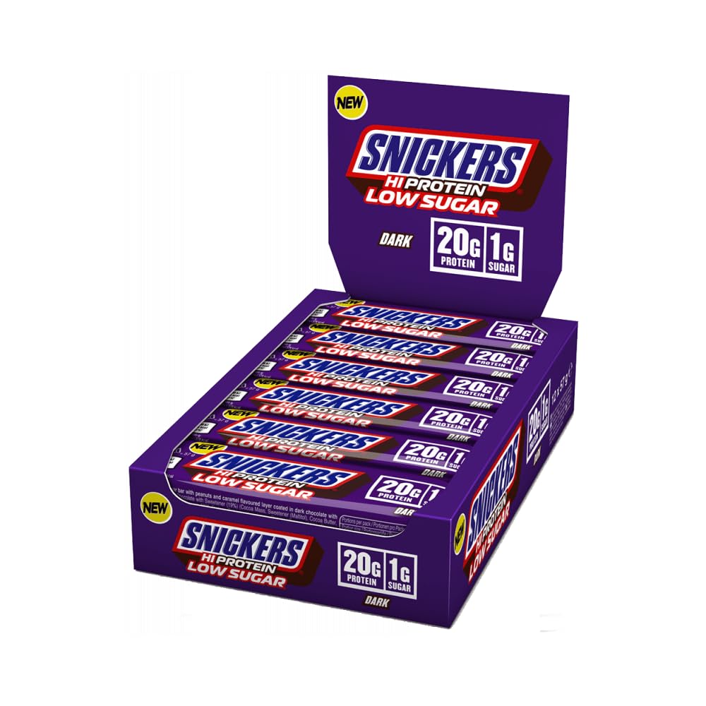 SnickersHI Protein Bars | Low Sugar Bars, Only 1g of Sugar per bar, Dark Chocolate, 12 x 57g Pack, 20g Protein