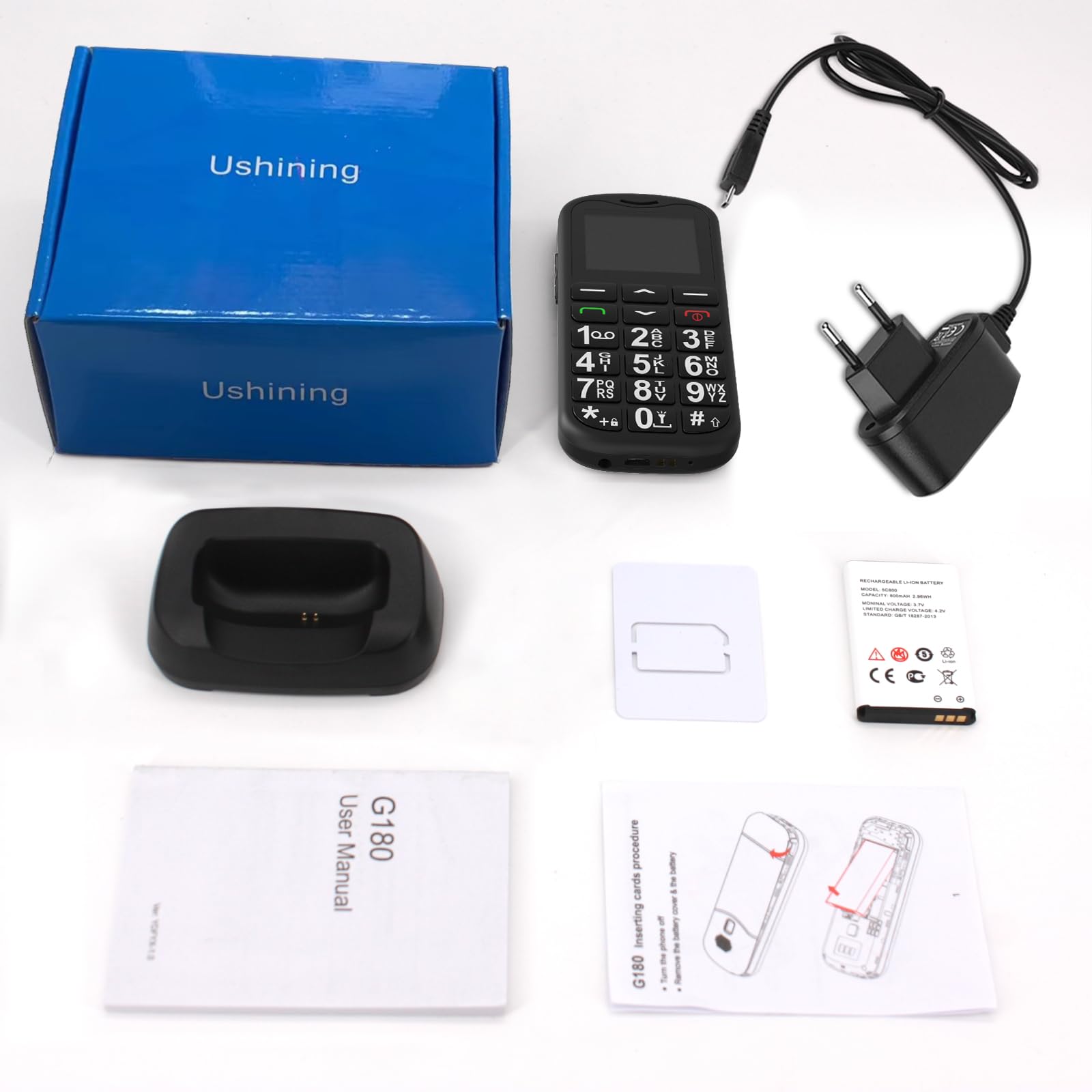 GSM Telefono Cellulare per Anziani, Facile da Usare Cellulare per Anziani con Tasti Grandi, Volume Alto, Funzione SOS, Doppio SIM, Base di Ricarica, Chiamata Rapida, Torcia, Sveglia, 800mAh Batteria