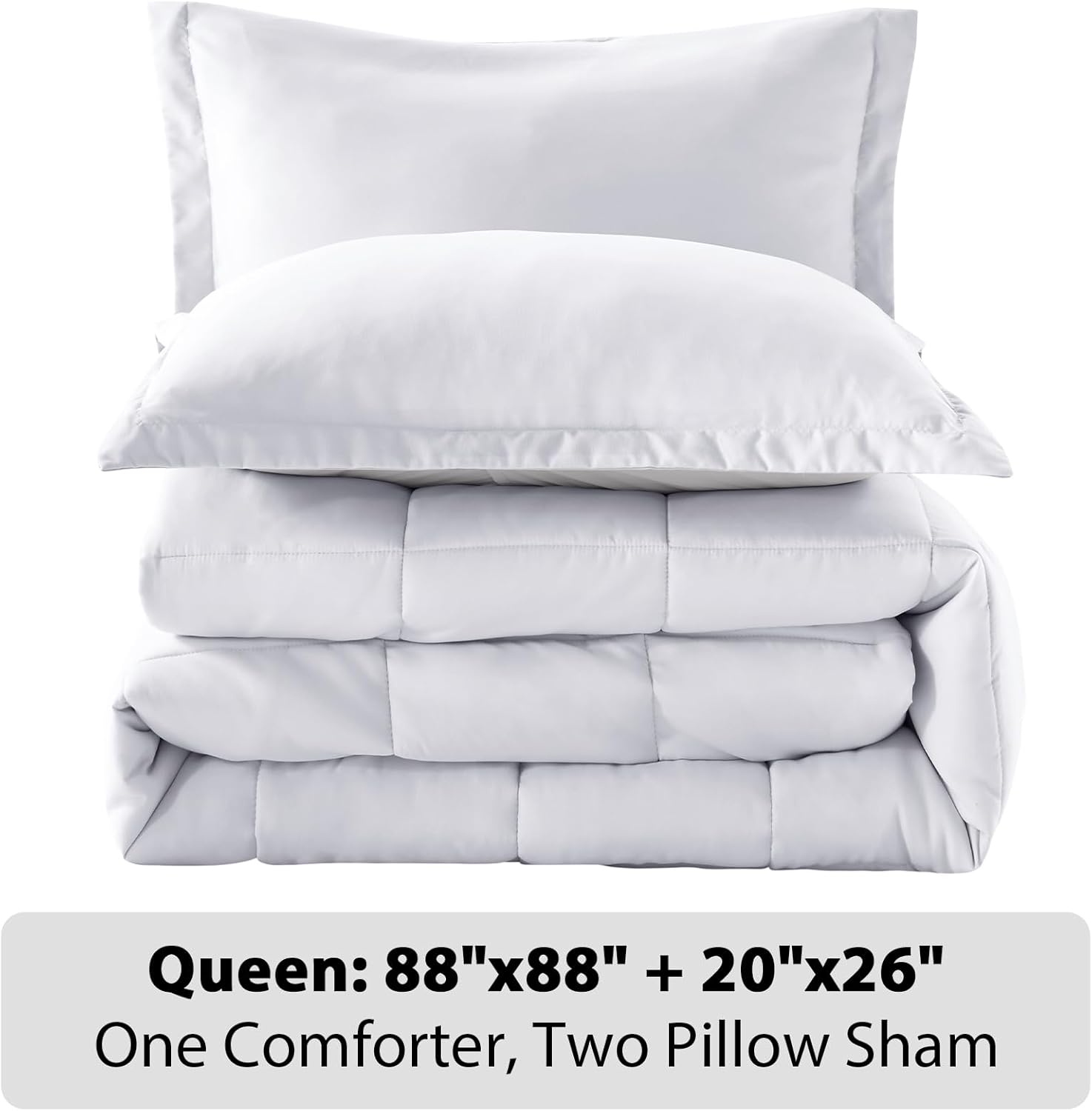 SunStyle Home Queen Comforter Set - 3 Pieces Box Stitched Reversible Comforters Queen Size, Lightweight Bedding Sets with 1 Down Alternative Comforter and 2 Pillow Shams for All Seasons,White