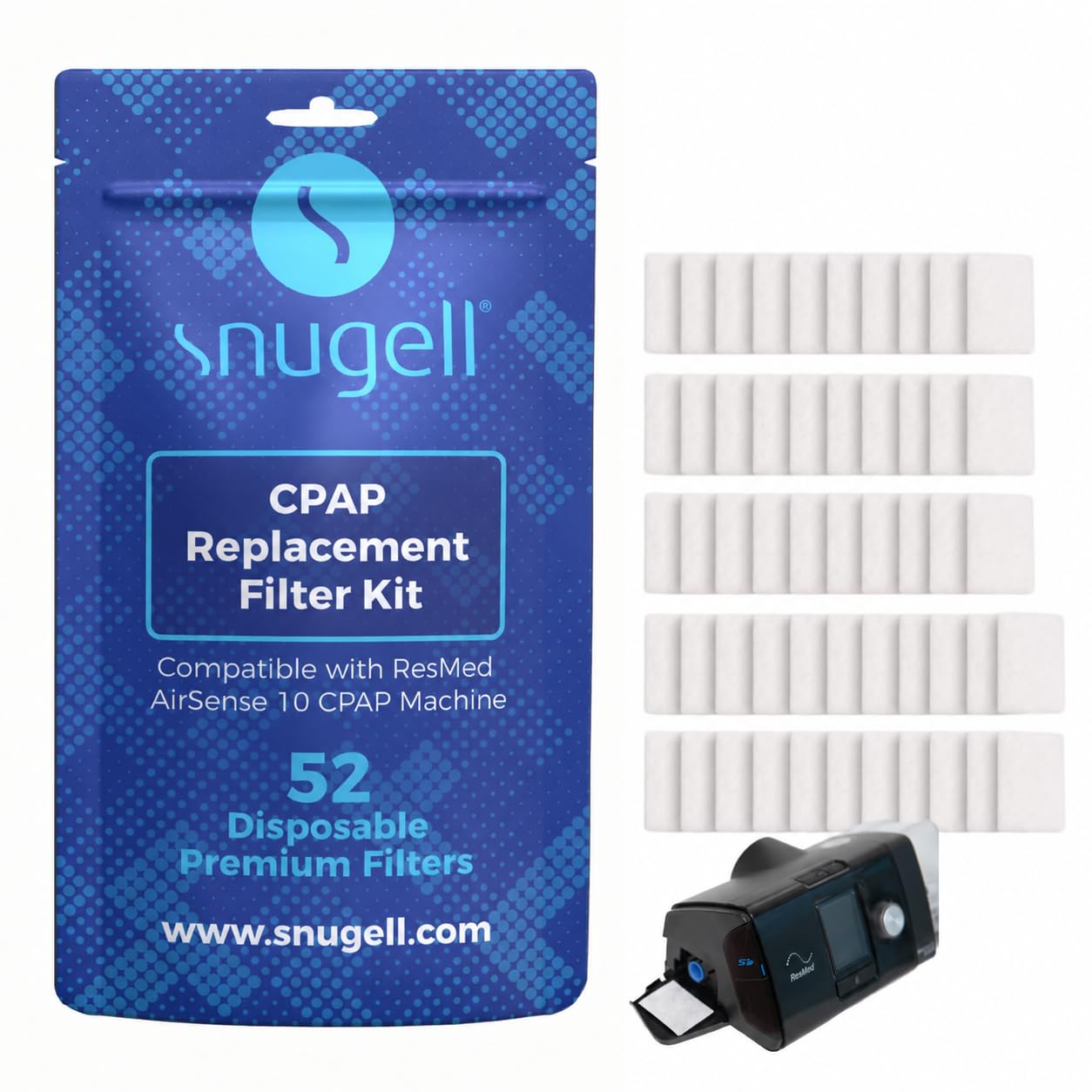 Snugell Disposable CPAP Filters -Compatible with ResMed AirSense 10, AirCurve 10 &amp; S9 Series - Ideal for Home and Travel Use –Easy to Install for Superior Air Filtration &amp; Cleaner Breathing (52- pack)