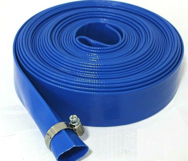 Equip247uk Blue Layflat Water Discharge Hose Pipe Pump Irrigation - 25mm (1") Bore x 5 Metres Long. With free Stainless Steel Hose Clip