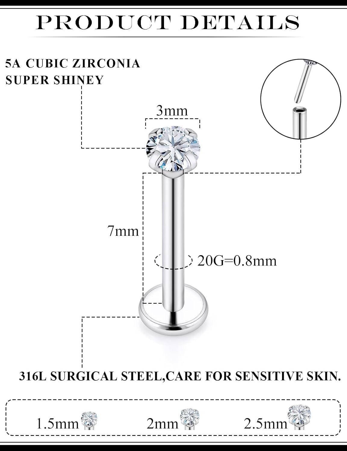 20G 18G 16G Threadless Flat Back Earrings Nose Stud 316L Surgical Steel Medusa Labret Monroe Lip Ring Tragus Forward Helix Conch Cartilage Lobe Earrings Stud Piercing Jewelry For Women Men - Image 2