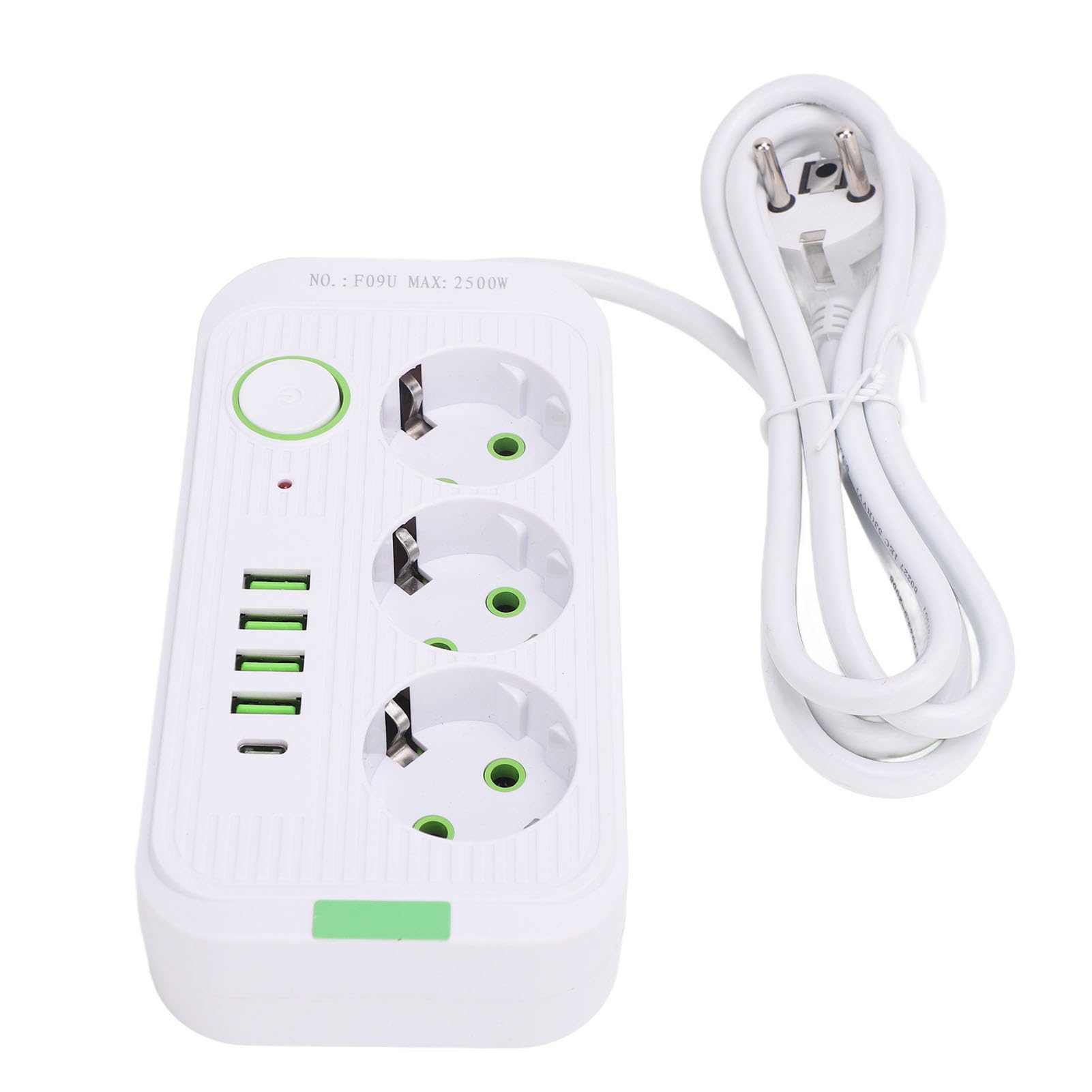 Regleta Europea con Toma de Corriente, Alargador de Enchufe con 3 Tomas, 4 USB y 1 USB C, Interruptor de Sobrecarga, Montaje en Pared, Cable de 2m, para Oficina, Dormitorio, (White)