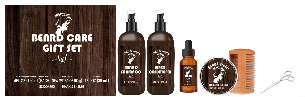 Rinse & Robust Zestaw do pielęgnacji brody dla mężczyzn, 6 szt. zestaw do pielęgnacji brody z drzewa sandałowego z olejkiem do brody, szczotką do brody, balsamem, szamponem do brody, prezenty