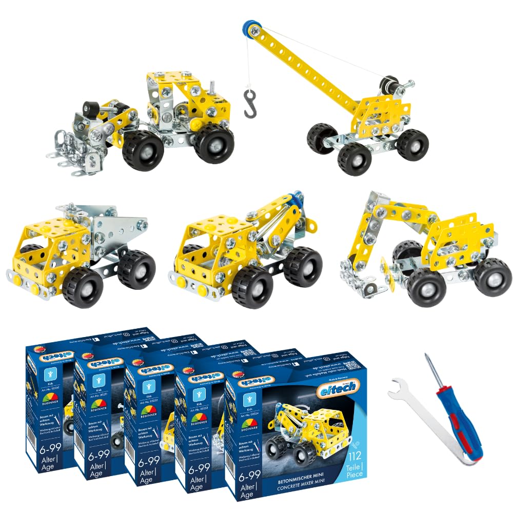 Eitech Mini Baustellenfahrzeuge - Metallbaukasten, 5er Set | 560 Teile, 5 Modelle, Modellbau für Kinder ab 6 7 8 Jahre, Konstruktionsspielzeug, Stabilbaukasten, Konstruktor Metall