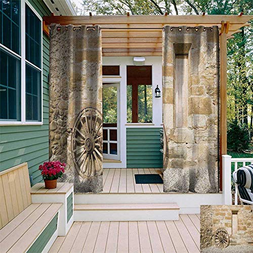 leinuoyi Barn Wood Wagon Wheel, Outdoor Patio Curtains, Ancient Rural Facade with Old Wheel Traditional Country House, for Patio Waterproof W84 x L108 Inch Brown Pale Brown