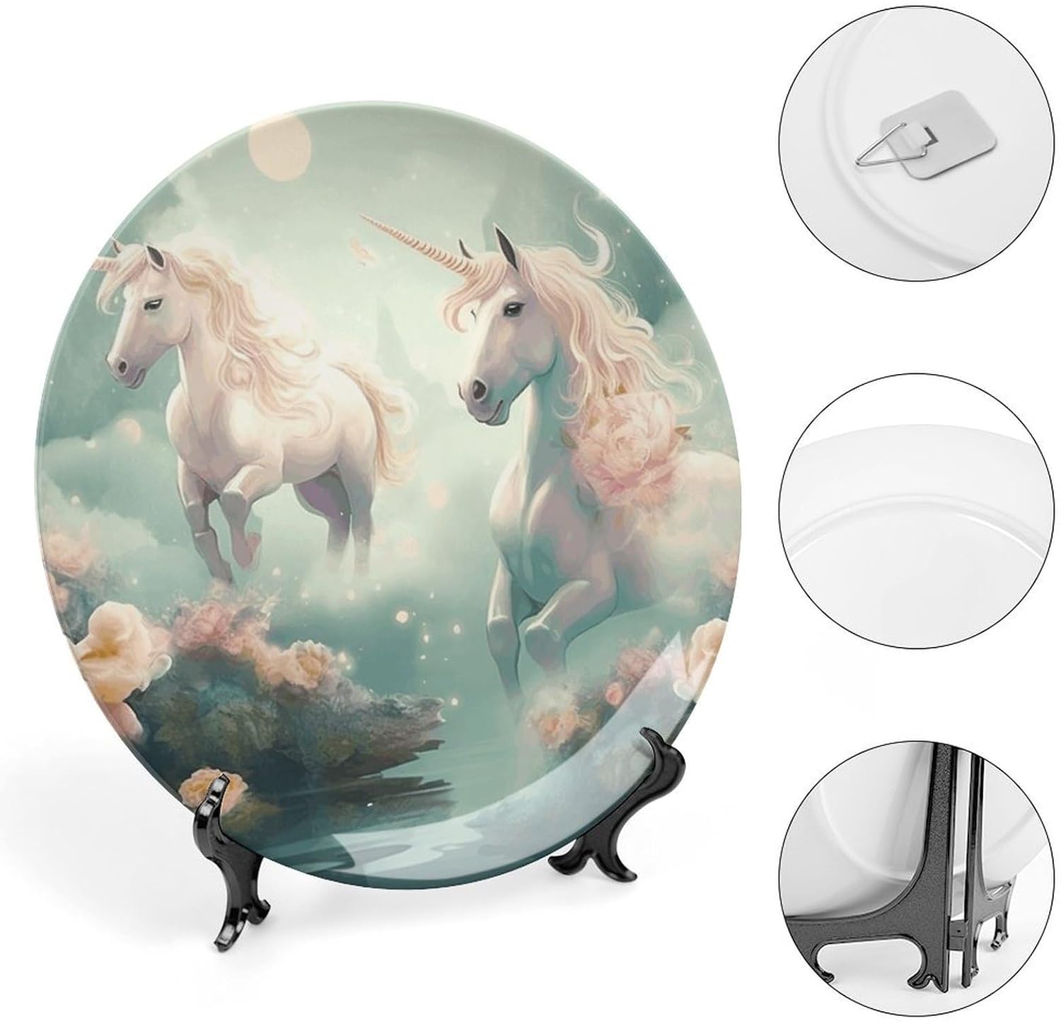 Two Horses in The Sky Bone China Decorative Plate with Display Stand, Ceramic Ornaments Plate for Wall Hanging, Personalized Porcelain Plates for Office, Living Room 8inch