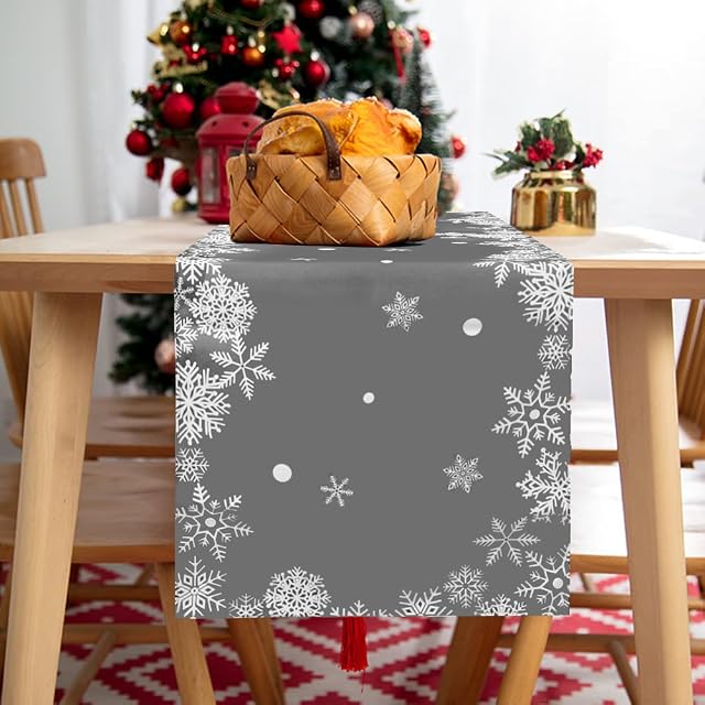 Snowflake Merry Xmas Table Runner,Seasonal Winter Table,Xmas RunnerTable,Grey Table RunnerIndoor Outdoor Home Party Dinner Holiday Kitchen Thanksgiving Xmas Decor,40 x 180 cm (2209JJL0014GRAM01SJE)