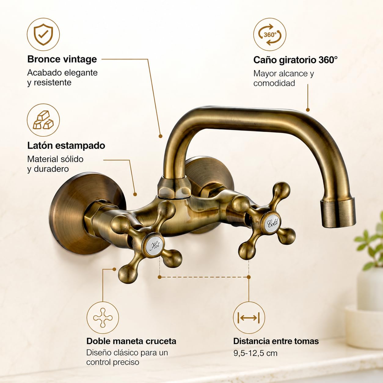 Grifo de Pared para Cocina y Fregadero, Caño Giratorio 360°, Doble Maneta Retro Estilo Vintage Industrial, Latón Macizo Acabado Bronce Envejecido, Distancia entre Tomas 9,5-12,5 cm, AQG Athos Clásico