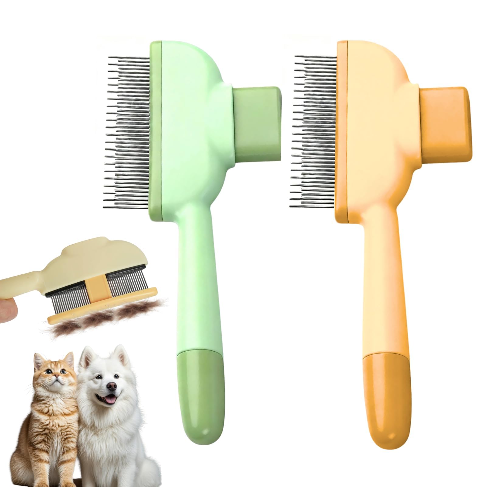 2 x Self-Cleaning Brush for Cats with One-Touch Button, Stainless Steel Cat Brush for Long Short Hair, Comb for Cats Dogs Pets Anti-Flea Green Yellow