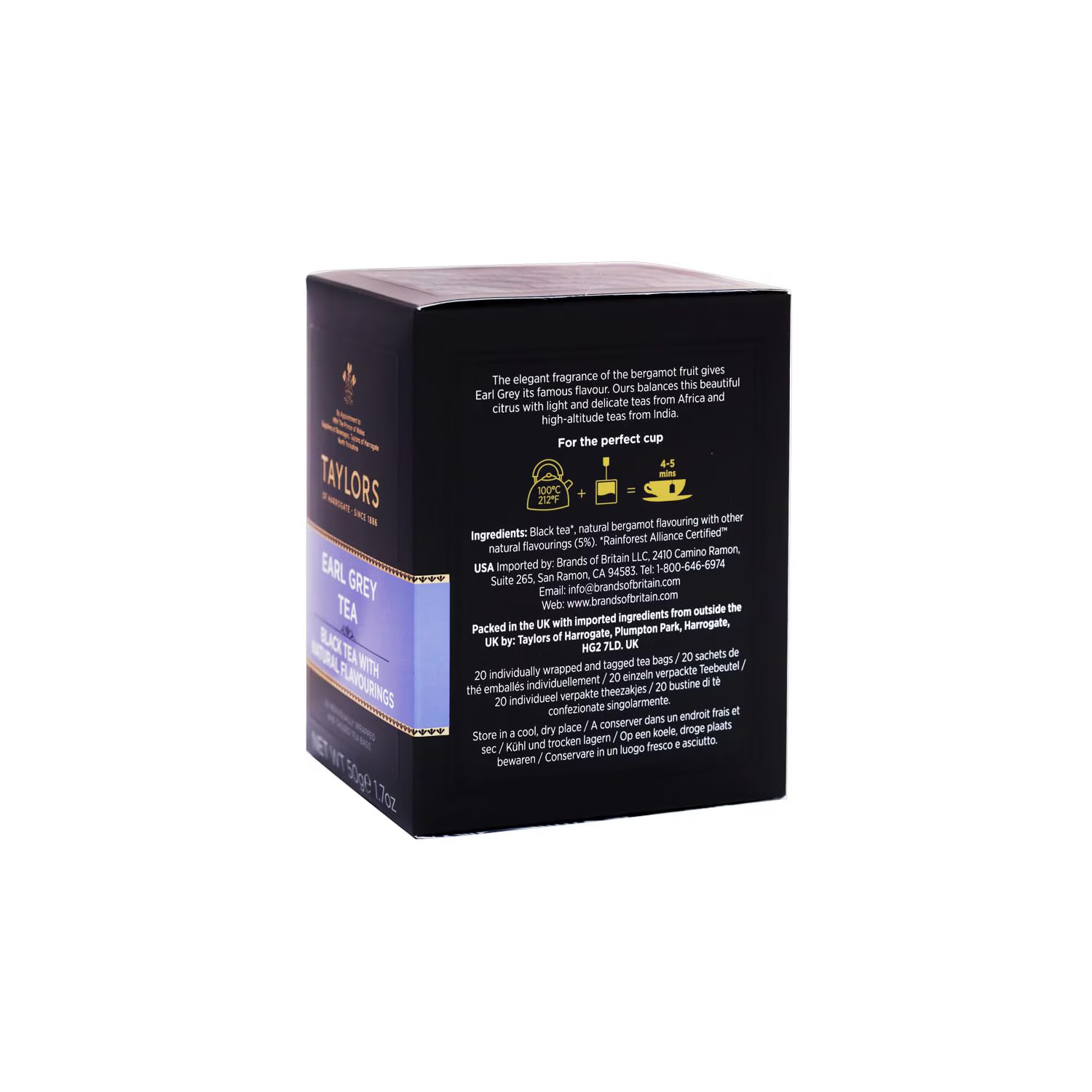 Taylors® | Bergamotka Czarna herbata Earl Grey Jasno pachnąca | Czarna herbata Earl Grey Bergamot - 6 x 20 filtrów do herbaty (300 gr) | Saszetki z czarną herbatą Earl Grey