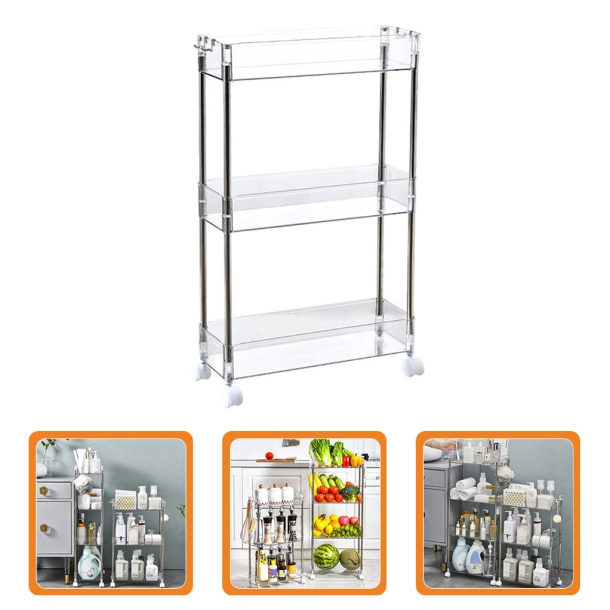 COHEALI Carrello Cucina Grande Capacità di Stoccaggio con Ruote in Pet e Acciaio Inox, Scaffale Salvaspazio a 3 Ripiani per Balcone e Cucina