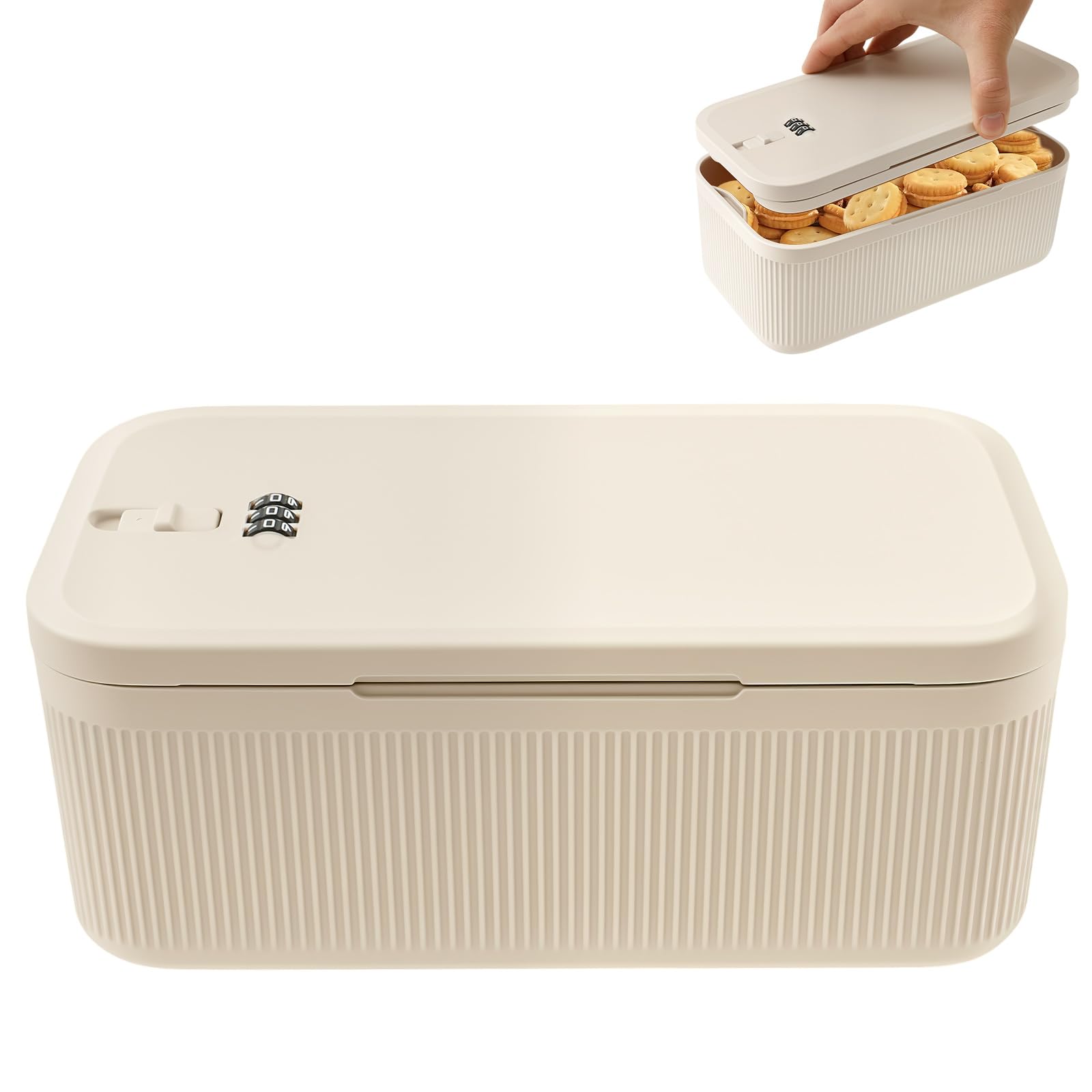 Foppla Small Lockable Storage Box with Combination Lock - BPA-Free Portable Safe for Medication, Cash, Phone Jail, Snacks, Food - Compact Container for Home Fridge, Office, Dorm, Travel (Beige)