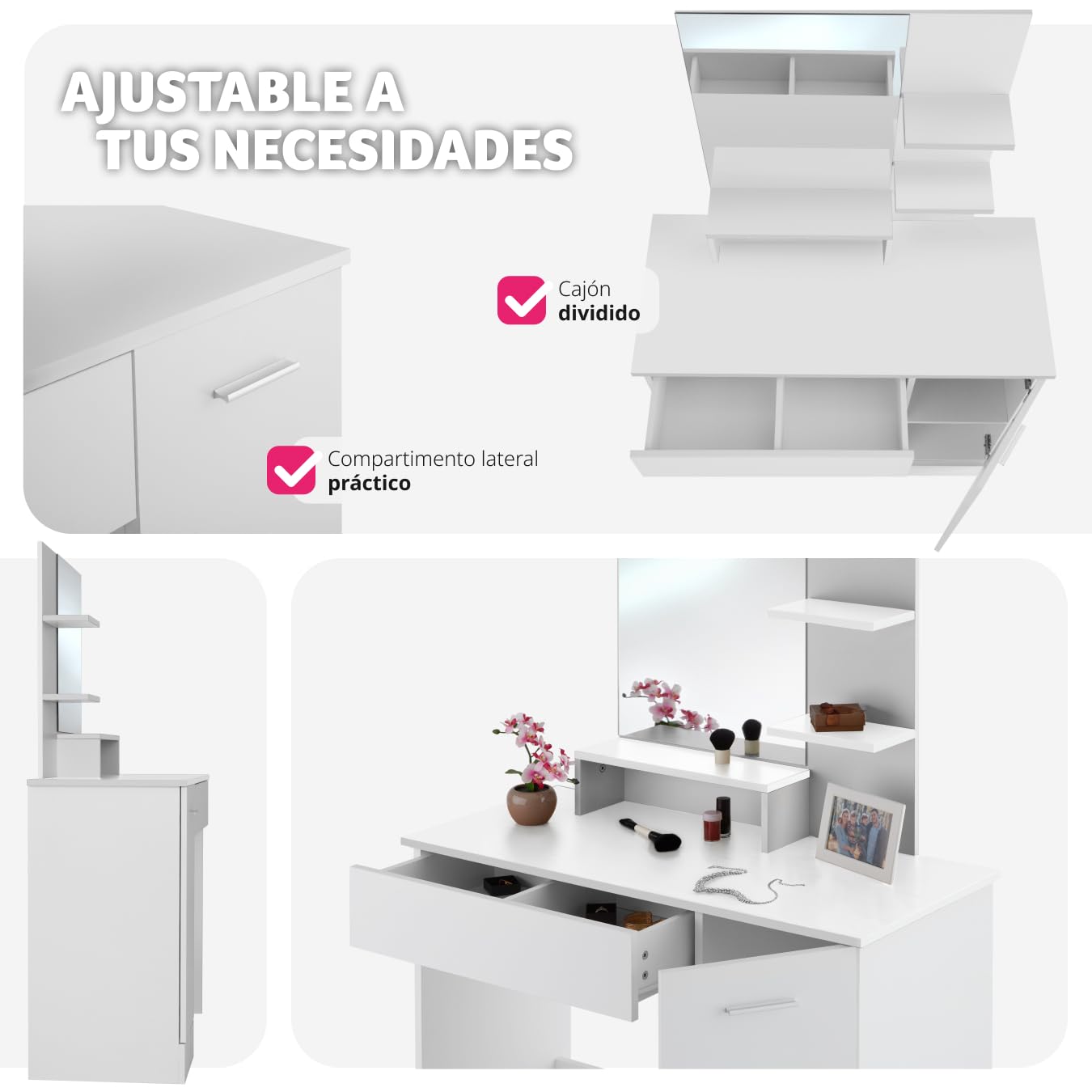 tectake® tocador de Maquillaje con Espejo Grande, 3 estantes Abiertos, cajón Inferior, Compartimento Lateral, Gran Resistencia, Superficie Resistente, Espejo tocador, Mesa Maquillaje - Blanco