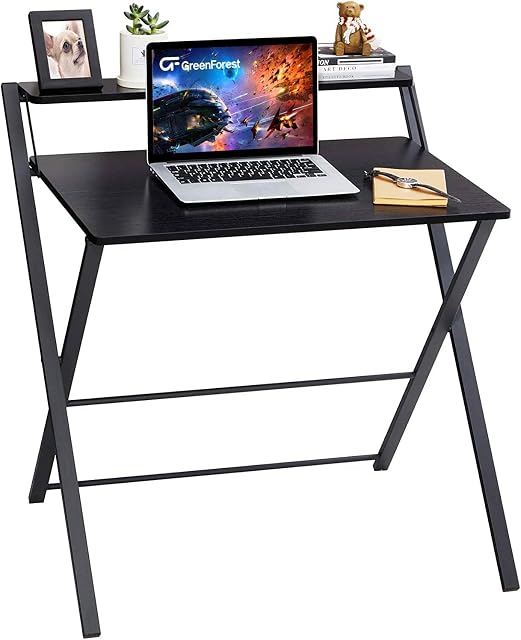 GreenForest Folding Desk No Assembly Required 29.5 x 20.47 inch, Small Computer Desk with 2-Tier Shelf Laptop Foldable Table for Small Spaces, Black