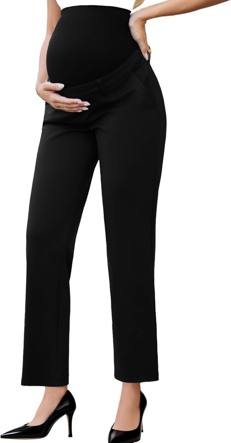 Ecavus Maternity Pants Over The Belly Seamless Stretch Work Pants Dual Length Pregnancy Office Dress Pants with Pockets
