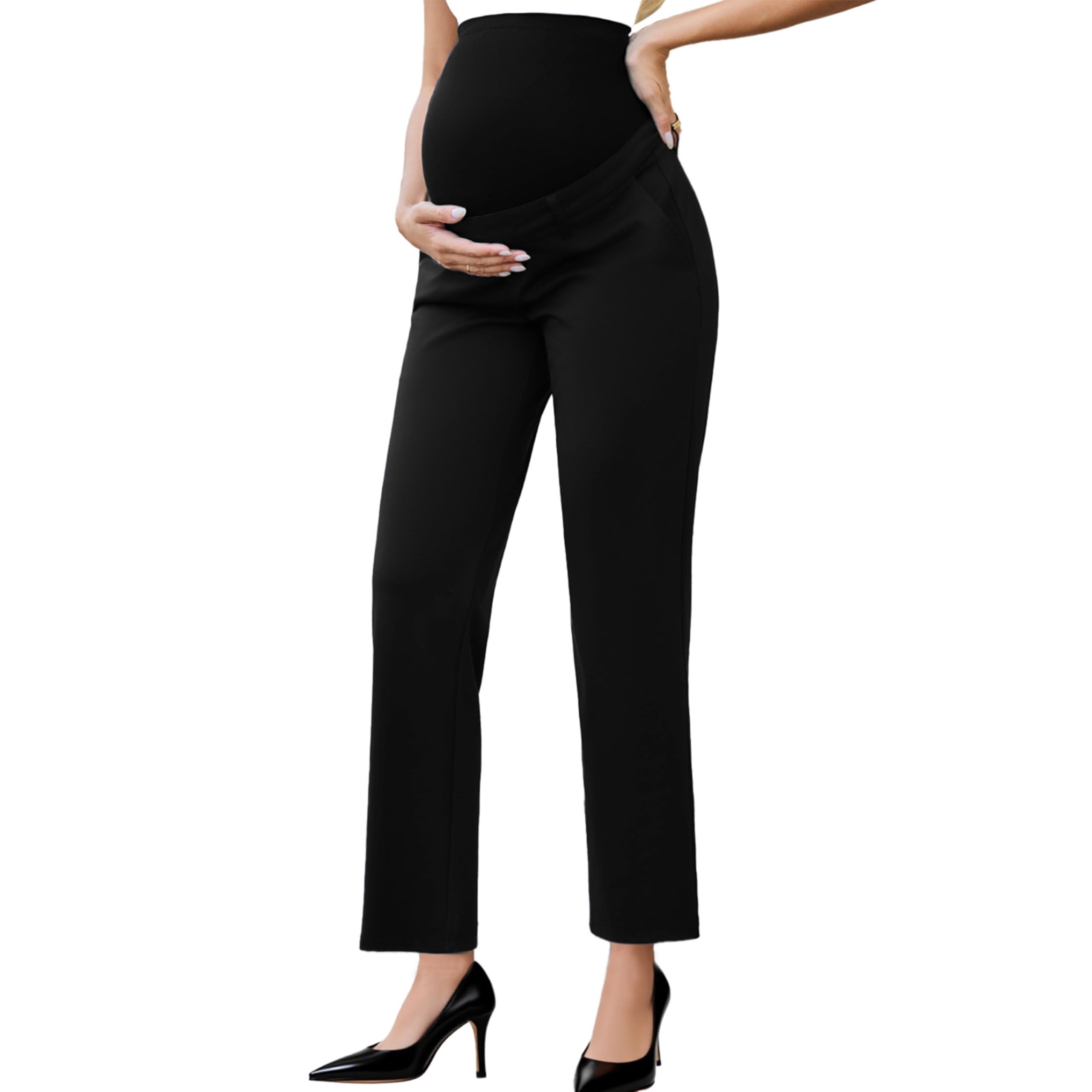 Ecavus Umstandshose über dem Bauch, nahtlos, Stretch, Arbeitshose, doppelte Länge, Schwangerschaft, Büro, Kleid, Hose mit Taschen