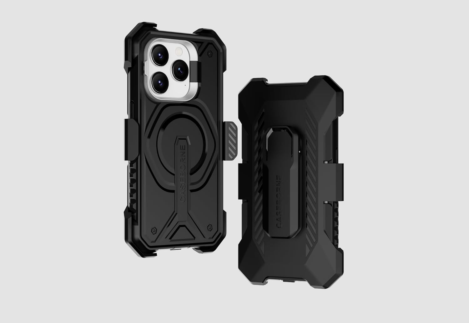 Caseborne Compatible with iPhone 15 Pro Max Protective Case - Compatible with Magsafe, Rugged with Tempered Glass Screen Protector, Includes Kickstand & Belt-Clip Holster - Black