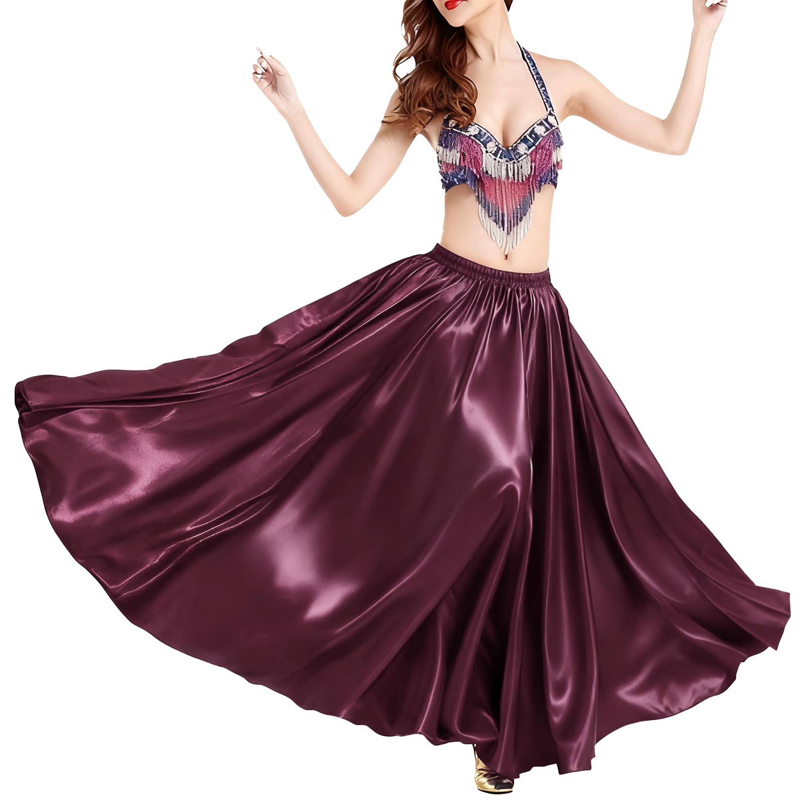 Baisdan Jupe Danse Orientale Femme en Satin, Jupe Longue Cercle Complet pour Flamenco, Halloween, Cosplay