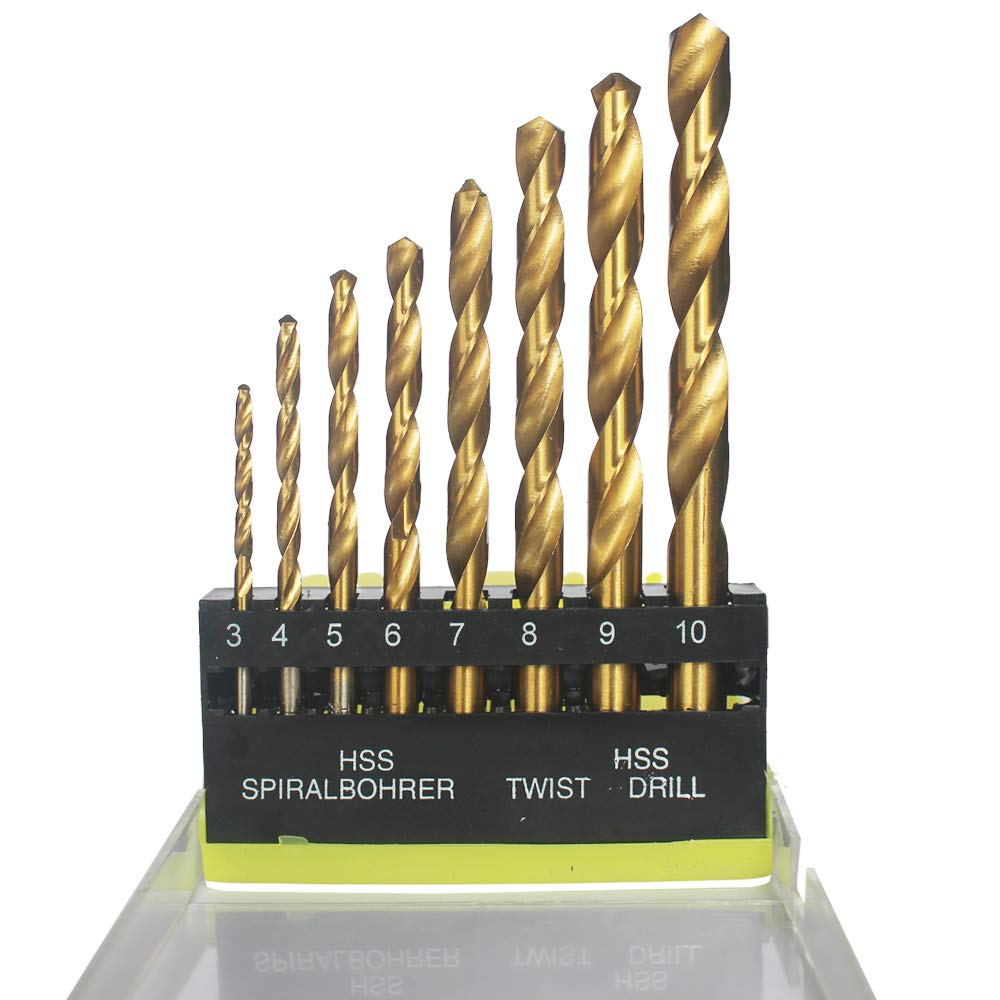 HYMNORQMigiwata 3-10mm Metric Titanium Coated HSS Twist Drill Bit Set of 8pcs to Drill Wood Plastic and Soft Metal for Household, DIY Work, Etc.