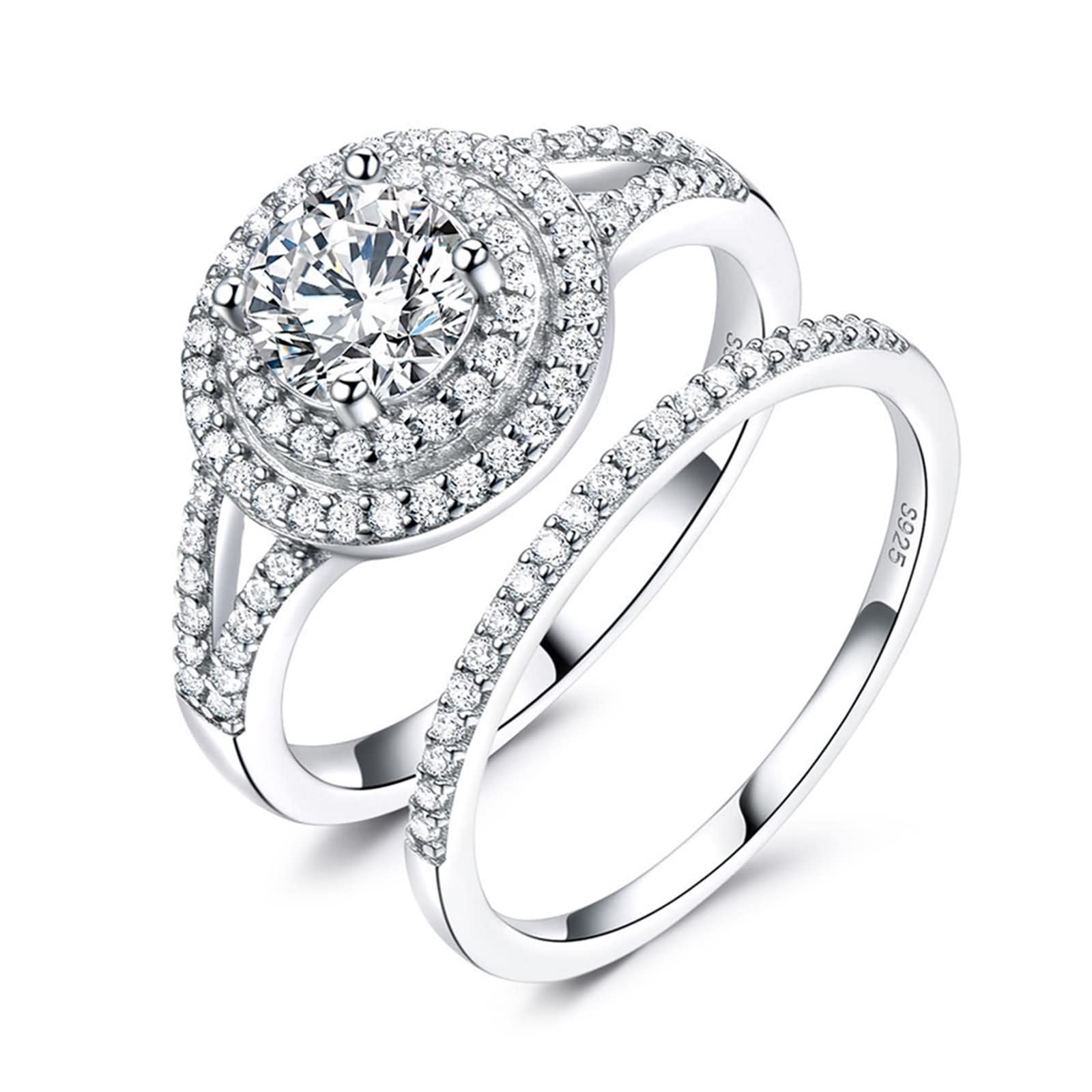 Ringe für Damen, modisch, Kleiner Ehering, Stapelring, V-Form, Doppelkreis, runder Zirkonia, Sterlingsilber