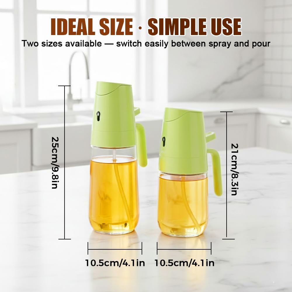 2-in-1 Glas-Ölsprüher und -spender, 2024 Upgrade, große 600 ml Olivenölspenderflasche für Küche, Lebensmittelqualität, Ölnebel, Sprühflasche zum Kochen, Luftfritteuse, Braten, Grillen (Grün, 600 ml)