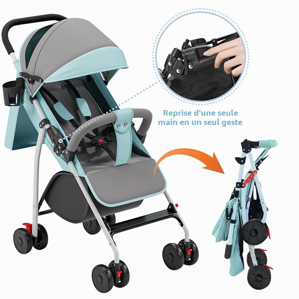 Poussette Bébé, Poussettes Cannes avec parasol, poussette pliable avec Dossier Inclinable, 0-2 ans, portant 20kg (Bleu, 97 * 72 * 47cm)