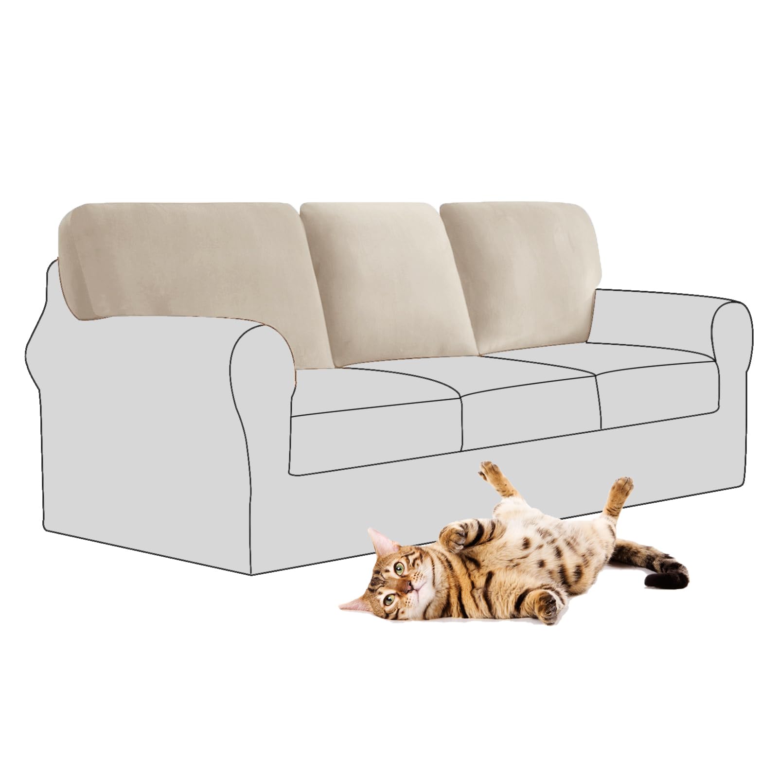 SYLC Stretch Velvet Sofa Backrest Cover, Back Cushion Covers Non-Slip Sofa Cushion Slipcovers for Couch Chesterfield Caravan RV Dinette (Natural,3 pcs Rectangle M)