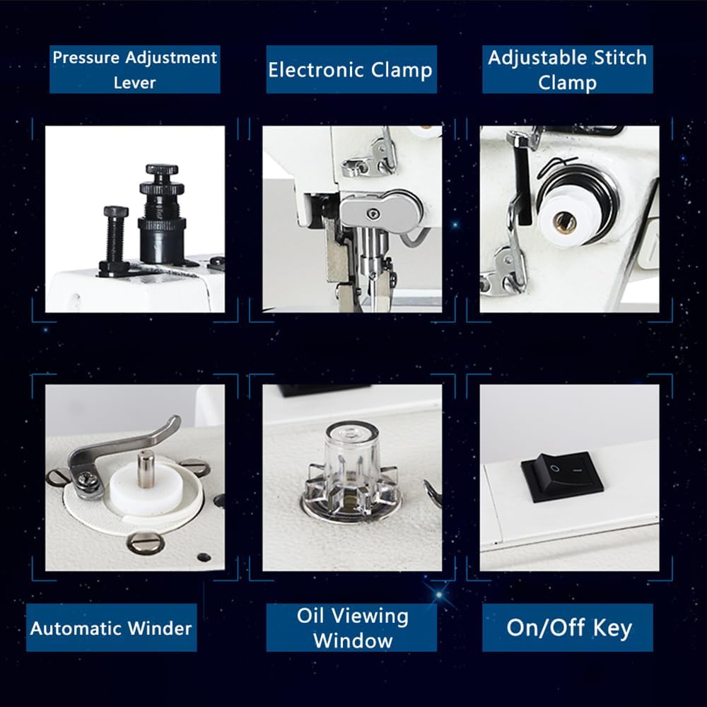 Collage showing the Pressure Adjustment Lever, Electronic Clamp, Adjustable Stitch Clamp, Automatic Winder, Oil Viewing Window, and On/Off Key. These components are crucial for machine setup and maintenance.