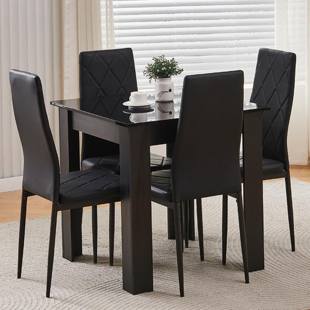 Homullel 75x75 cm Small Dining Table and 4 Chairs, 4 Seater Table and Chairs Set Kitchen Dining Room Set for 4, Compact, Space Saving, Wooden, Glossing Tabletop Black (4 Seats, Faux Leather Black #2) โ image 1