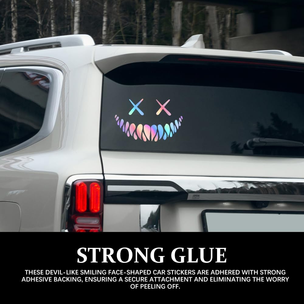 Crooked-Eye Smile Car Sticker, Reflective Car Smile Decal with Sharp Teeth, Waterproof Funny Cool Decal, Universal Decorative Sticker Accessories for Cars Trucks Windows, Laser image 4