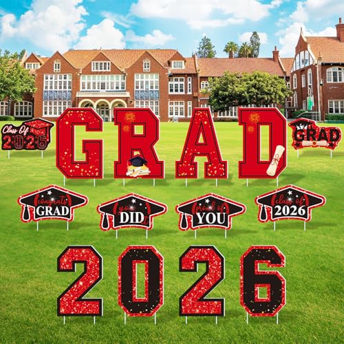 2026 Graduation Yard Sign for Class, 14 PCS Congrats Red and Black Large Outdoor Graduation Decorations with Lawn Stakes, Grad Weatherproof Party Favors Supplies for College & Middle School