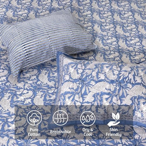 Image of TOAI Bedsheet for Double Bed King Size 108 inch x 108 inch |100% Pure Cotton 210TC | Hand Block Printed Jaipuri Bed Sheet | 2 Reversible Pillow Covers 18 inchx27 inch |Blue White Parrots