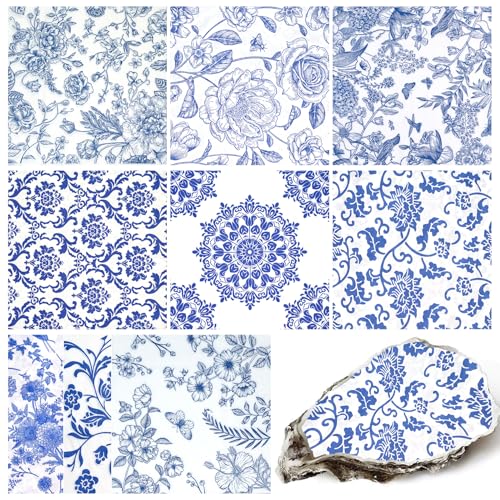 LSYAHCYY Decoupage Napkins Assorted Floral 27 Pack 9 Styles for DIY Crafting Birthday Party Decorative Decoupage Napkins Cocktail Paper Each Unfolded 13 Inch (Blue Floral)